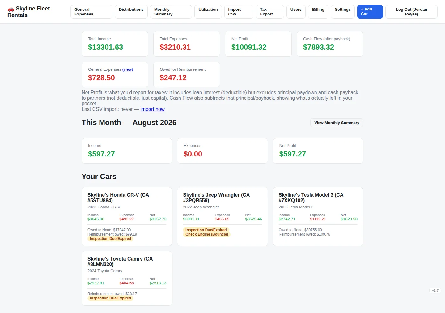 Turo Tracker dashboard showing the Skyline Fleet Rentals demo company with income, expenses, net profit and vehicle summaries