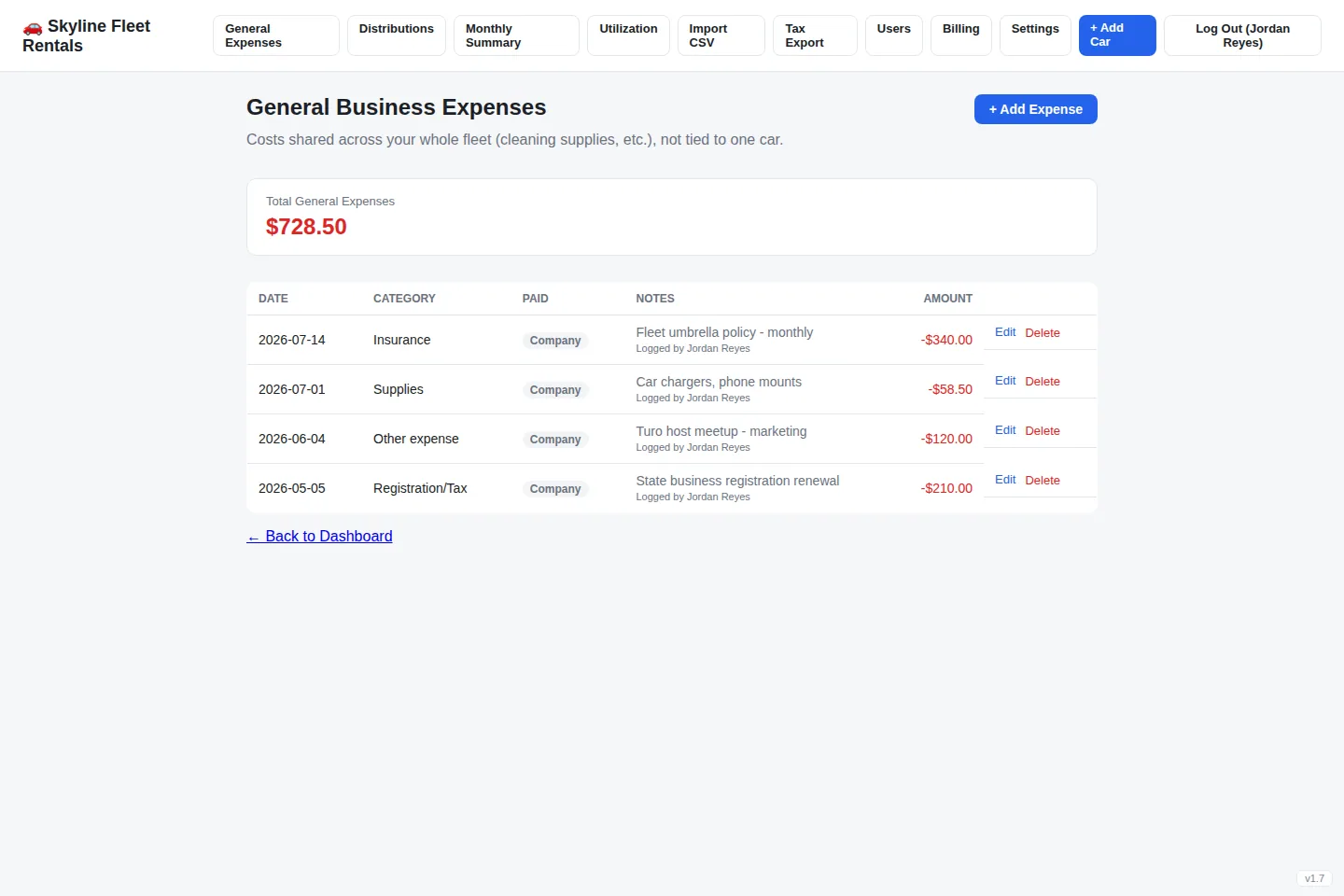 Business expenses screen in Turo Tracker using the Skyline Fleet Rentals demo company